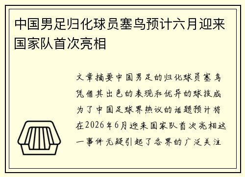 中国男足归化球员塞鸟预计六月迎来国家队首次亮相 中国男足归化球员塞鸟预计六月迎来国家队首次亮相